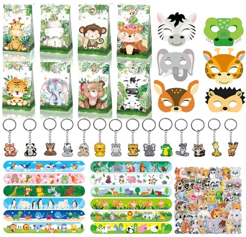 JWTRSVTY 98Pcs Tiere Geschenk Kindergeburtstag Party Mitgebsel, Geschenktasche Tiere Armbänder Papier Maske Schlüsselanhänger Aufkleber, Tiere Kinder Gastgeschenke, für Mädchen Jungen Thema Geschenke