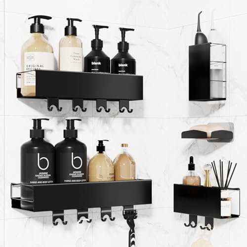Luxear Shower Caddy Adhesive 5 Pack Rustproof Stainless Steel Bathroom Shower Organizers with 10 Pack Hooks Soap Dish Holder Toothbrush Holder Wall Mounted Shower Storage No Drilling(Black)