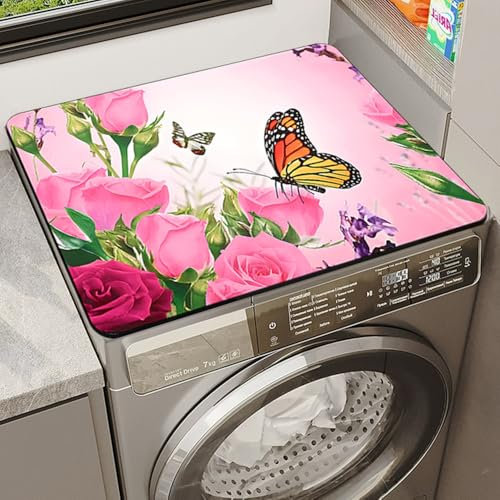 Odot Tapis de Protection pour Dessus de Machine à Laver, Antidérapant Housse de Machine à Laver pour Machine à Laver ou Sèche-Linge Buanderie Réfrigérateur -Floral Romantique (Papillon,60x60cm)