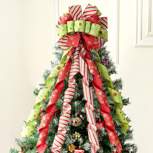 JOIEDOMI 45 Inch Christmas Tree Topper Bow, Green Red White Ribbon Bow with Stripes and Dots, Large Gift Bow for Xmas Tree Topper Holiday Themed Decor Home Parties Wedding Toppers Bow Ornaments