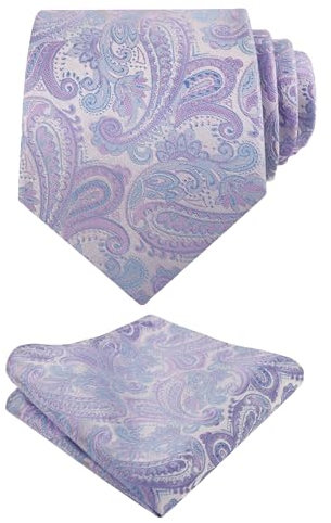 Alizeal Handmade Paisley Floral Tie with Pocket Square Set, Lilac+Light Blue