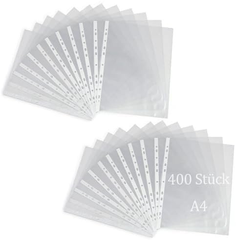MUNGHOK 400 Stück Prospekthüllen A4 Glasklar, Glassichtshüllen Din A4, Klarsichthüllen Glasklar, Transparente Perforation Prospekthüllen, Sichthüllen A4 mit Lochung für A4 Ordner Dokument