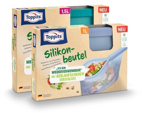 Toppits 2er Set wiederverwendbare Silikonbeutel 1L + 1,5L mit Standboden, mikrowellengeeignet, spülmaschinenfest