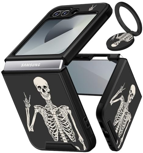 VincitoreModa for Samsung Galaxy Z Flip 6 Case - [2in1] Women Cute Girls Skull Skeleton Phone Cover Ring Holder Stand Girly Cool Aesthetic Slide Camera Cover Design for Samsung Z Flip 6 Case