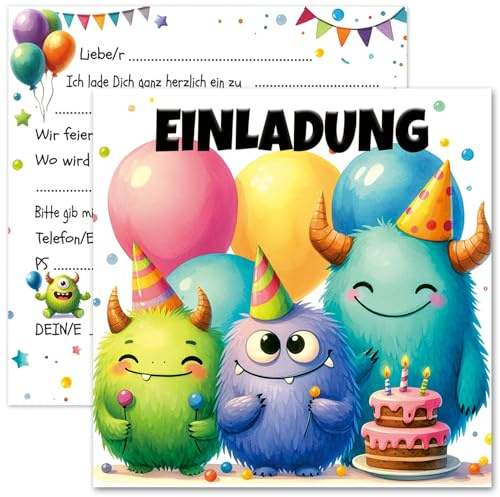 RFBEUTEL 12x Einladungskarten Junge Monster Einladung Kindergeburtstag 15 x 15 cm Geburtstagseinladungen Jungen