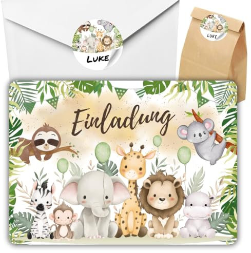 celebr8te 12x Dschungel Tiere Einladungskarten - Für den Kindergeburtstag von Jungen & Mädchen - Coole Partyeinladungen +12 Umschläge +24 Sticker +12 Geschenktüten