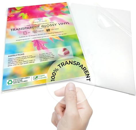 Evergreen Goods 100 Sheets A4 Transparent Sticker Paper Vinyl | Inkjet Printable Self Adhesive Glossy Clear Printable Vinyl Stickers for Creating Labels and Signs | Not Waterproof