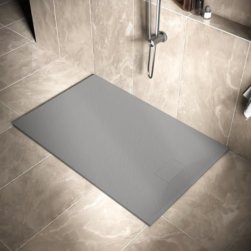 SIRHONA Receveur de Douche, 140 x 90 cm Bac à Douche Antidérapant, Rectangle Gris, Matériau en Résine SMC, avec siphon