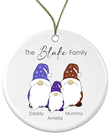 Personalised Gonk Family Christmas Bauble Ceramic - 1 Childs Name + Surname Tree Decoration