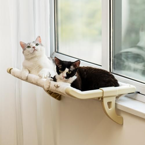 MEWOOFUN Katzen Hängematte Fenster Katzenbett Fensterbank für Katzen - 50x36cm Katzenbett für Heizung Katzen Hängematte mit mit weichem Bett Abnehmbarem Saugnapffrei hält 18kg (White L)