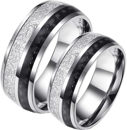 Calefee Trauringe Paarpreis Edelstahl, Verlobungsringe Paar 2 Set 8 mm Silberner Ring mit Carbon, Damen Größe 60 und Herren Größe 54