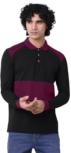 Enorsia Mens Cut & Sew Pique Polo with Long Sleeve, Colour Block Stripe, Classic Collar, Soft Touch Cotton, Unique Contrast Design (Black,L)