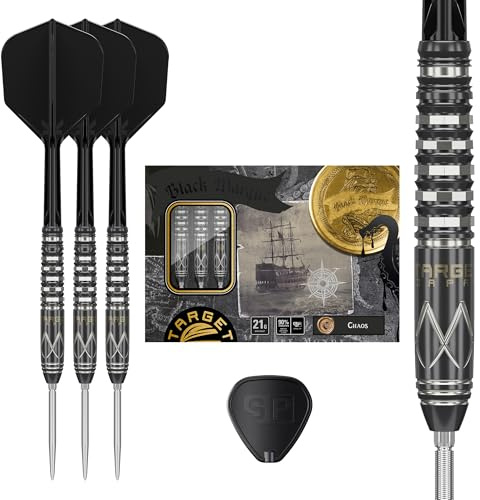Target Japan Black Marque Lite Chaos 90% SP Steel Tip Dartpfeile Leonard Chai | 90% Wolfram K-Flex Stahlspitze Dart-Set, 21G | K-Flex Nr. 6 Form Flights und Schäfte, Swiss Silver Nano Point 30 mm