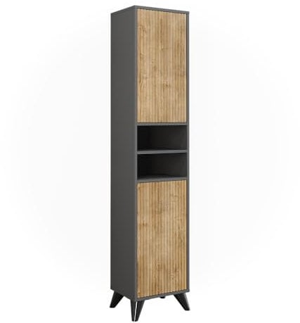 Vicco Badschrank Leano, Badezimmerhochschrank, Anthrazit/Bergeiche, 38 x 180 cm mit 2 Türen