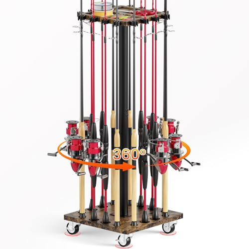 OFIDELITY Fishing Rod Rack for 16 Poles - 360° Rotating Base with Casters, Easy to Install & Pole Holder Stand for Garage Storage, Organiser for Fishing Rods & Equipment, Fishing Gifts for Men (Brown)