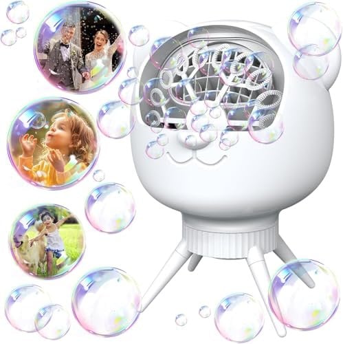 Seifenblasenmaschine Automatische, Bubble Machine 38000+ Bubbles/Min mit 500ml Seifenblasenwasser, Blasenmacher für Kinder, 90°/180° Drehbar für Kinder/Haustier/Hochzeit/Party/Geschenk(weiß)