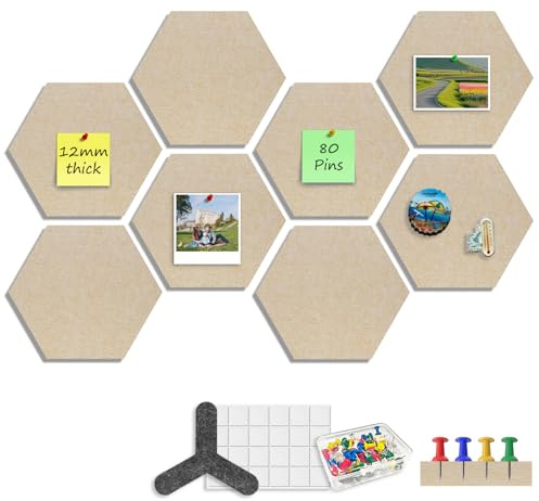 Sliandtelly Hexagon Filz Pinnwände 8er-Set, 12mm dicke, 22x19cm, Beige | Ohne Bohren mit Klebepads & 80 Pins & Abstandshalter, abziehbares Anschlagbrett für Notizen Foto im Büro Zuhause Schlafzimmer