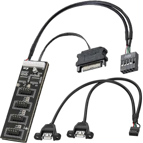 Xiatiaosann 9Pin Hub USB Interno con Cable de Alimentación SATA, 4 Puertos Internos USB2.0 1 a 4 USB Header Splitter para CPU, Ventilador de refrigeración, con 9Pin a Dual USB-A Cable