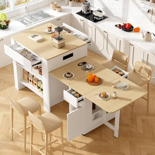 A ALFRESCOOL Ausziehbarer Bartisch mit Stauraum(110-124×78×97.5cm), für 2-6 Personen, Kücheninseln mit 2 Schubladen, 2 Seitliche Offene Regale und Eingebaute Steckdose, Braun