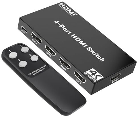 4K HDMI Switch 4 in 1 Out, HDMI Umschalter mit Fernbedienung, Unterstützt Dolby Vision, Kompatibel mit PS5, Xbox, Apple TV, DVD Spieler
