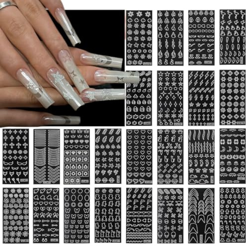 YUVKIN 24 feuilles Autocollants de Pochoir Pour le Nail Art, Pochoir Ongle, Stickers Nail Art, Airbrush Ongle, Amour, étoiles, Papillons, Starburst, Fleurs, Flammes