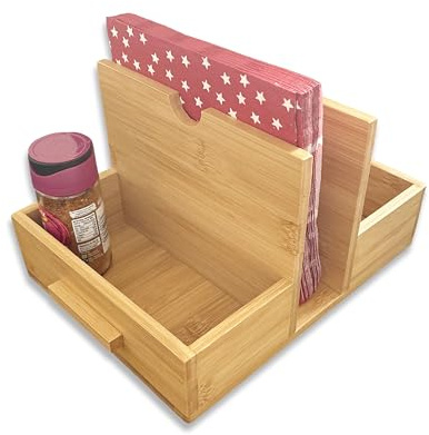 Ecowonder Napkin Holder with Spice Rack for Table, Serviette Holder with Salt & Pepper Shaker Standing, Paper Napkin Dispenser for Kitchen Dinner Restaurant, Napkin Organizer Cutlery Holder Bar Caddy