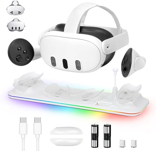 Gkstly VR Charging Dock for Meta Quest 3S/Quest 3 Fast Charging Station with RGB Light LED Indicator Magnetic Charging Dock Station for VR Headset & Controllers with 2 Rechargeable Batteries