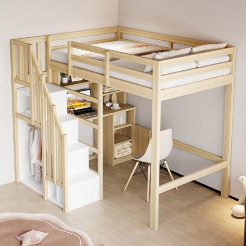NuvlaGu Hochbett 90x200 mit Schreibtisch & Stauraumleiter | Jugendbett Kinderbett Massivholz | Arbeitsplatz Lernbereich | Platzsparendes Etagenbett Naturholz (Holz-Schreibtisch)