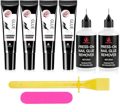 MAGIC ARMOR 4x6g Nagelkleber & 2x20ml Nagelkleberentferner keine UV Lampe | Nagelkleber, Acetonfreier Press‑On‑Nagellöser Entferner