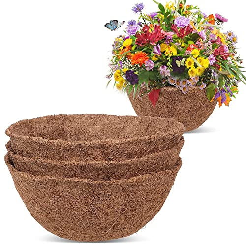 Pouway Hanging Basket Liner - Round Planter Liner for Hanging Basket, Natural Coco Fiber Replacement Liners, for Plant Flower Growth, Flower Pots in the Balcony Garden (3 PACK, 14'')