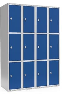 kaiserkraft | 3er-Schließfachschrank Fydor | 4 Abteile | lichtGrau/Enzianblau | B 1200 mm | Flache Dachform | Vorhängeschloss