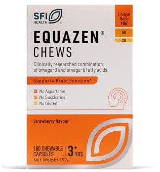 Equazen® Omega 3 & 6 Chews for Kids, Brain & Cognitive Support, DHA, EPA & GLA, Clinically Researched 9:3:1 Formula, Strawberry Flavour, Halal Certified, Age 3+, 180 Pack