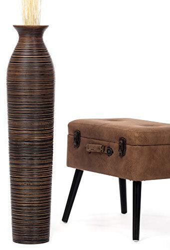 Leewadee Große Deko Bodenvase Für Dekozweige, Hohe Standvase Für Pampasgras, Design Holzvase, 90 cm, Braun
