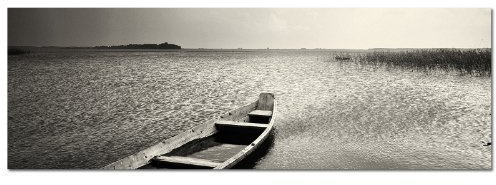 PANORAMA BILD 150x50cm (Wasser Boot Ruhe schwarz weiß) EXKLUSIVES Fotowandbild auf Leinwand und Keilrahmen Leinwandbild Fotodruck modern Zeitlos Stilvoll wie ein Gemälde