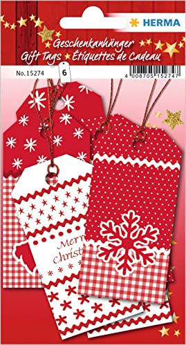 HERMA 15274 Geschenkanhänger Weihnachten Glitzer Rot Weiß, 6 Stück, Weihnachtsanhänger mit Weihnachtsmotiv, Kinder Hängeetiketten für Geschenke Weihnachtsdeko Adventskalender Winter Dekoration DIY