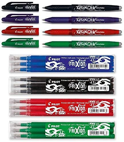 Pilot Pen Frixion Tintenroller (radierbar) 4 Stück farbig sortiert + Ersatzminen, Black, Blue, Red & Green, fresh colors