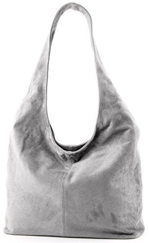modamoda de - T150 - ital Schultertasche aus Leder Wildleder, Farbe:Grau