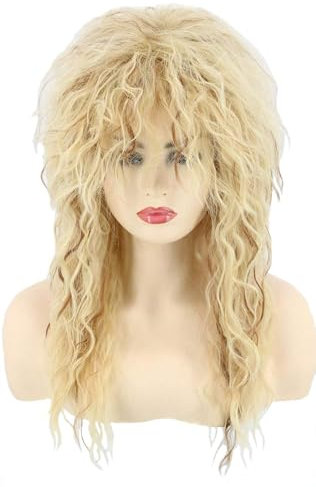 Topcosplay, Blonde 80er Tina Rock Diva Perücke, Mullet Perücken für Herren oder Damen, Lockig, Lang