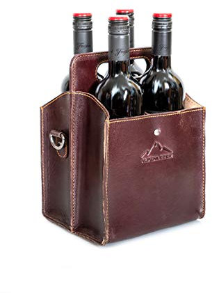 Alpenleder Flaschenträger - Modell: WEINVIERER (Handgefertigt) - Nachhaltiges Bio-Leder aus regionaler Landwirtschaft | Flaschenträger 4 Flaschen *Fair Produziert* (26x18x17cm, Wine)