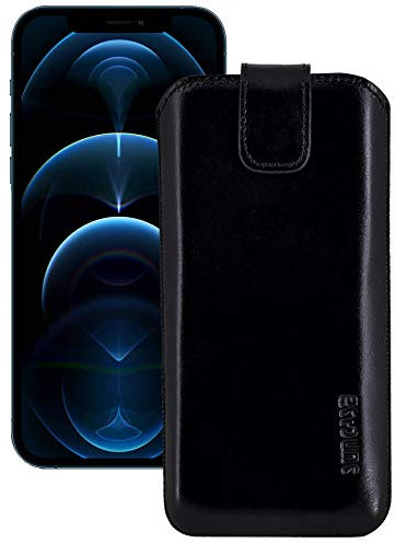 Suncase ECHT Leder Tasche kompatibel mit iPhone 12 Pro (6.1) mit ZUSÄTZLICHER Transparent Hülle | Schale | Silikon Bumper Handytasche (mit Rückzugsfunktion und Magnetverschluss) in schwarz