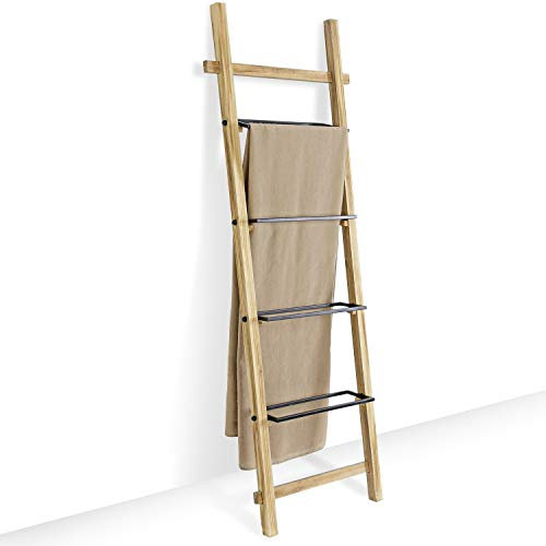 MyGift Rustic Burnt Wood and Black Metal Bath Towel and Blanket Wall Leaning Ladder Storage Holder Rack