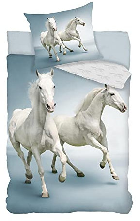 BrandMac ApS Parure de Lit Chevaux Blancs 100% Coton - Housse de Couette 140x200 cm + Taie d'oreiller 65x65 cm