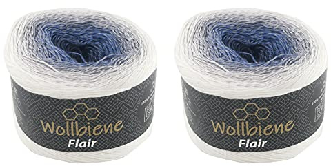 Wollbiene Flair Cotton 2x250g Bobbel Wolle Farbverlauf, 100% Baumwolle, Bobble Strickwolle Mehrfarbig (916 weiß grau blau)