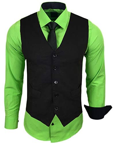 Baxboy Herren Hemd mit Weste Krawatte Anzugs Sakko Business Hochzeit Freizeit Hemden Frack Herrenweste Set wählbar B-44-HWKR, Farbe:Grün, Größe:M