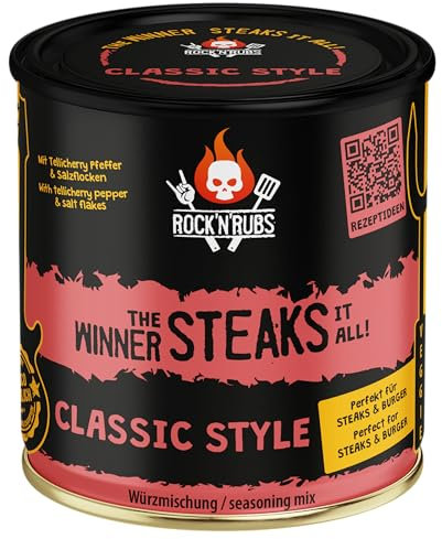 ROCK'N'RUBS - Condimento para barbacoa The Winner steaks it all – BBQ Rub para barbacoa con sal piramidal y pimienta Telicherry – 140 g