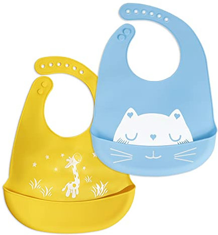 CQQNIU 2 Stück wasserdichte maschinenwaschbare Baby-Lätzchen aus lebensmittelechtem Silikon mit Taschen für die Abfallsammlung, Unisex (Sky Blue Kitten Plus Orange Lamb)