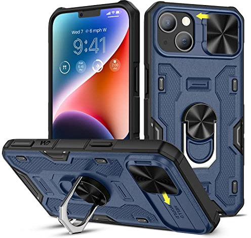 Doeshine für iPhone 14 Plus Hülle mit ständer & kameraschutz, Ganzkörper Robuste Stoßfeste Schutzhülle mit 360 Grad magnetisch Ring Stand, Military Shockproof Cover für iPhone 14 Plus (Blau)