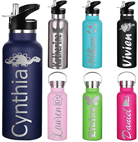 Borraccia Personalizzata con Coperchio con Cannuccia per la Scuola in Acciaio Inox con Incisione Personalizzata Borraccia Sportiva con nome per Ragazze Ragazzi Donne e Uomini (350ml/750ml,7 colori)