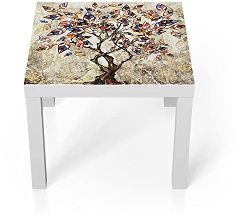 DEQORI Glastisch | weiß klein 55x55 cm | Motiv Fantasievoller Laubbaum | ausgefallener Beistelltisch aus Glas | Hochglanz Couchtisch fürs Wohnzimmer | moderner Couch Tisch mit Design