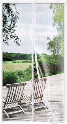 Risareyi Magnet Fliegengitter Balkontür Ohne Bohren 65x215cm, Weiß | Magnetisch Insektenschutz Tür, Ideal für Terrassentür Haustür, Automatisches Schließen, 4cm Klettband Oben, Nicht Kürzbar